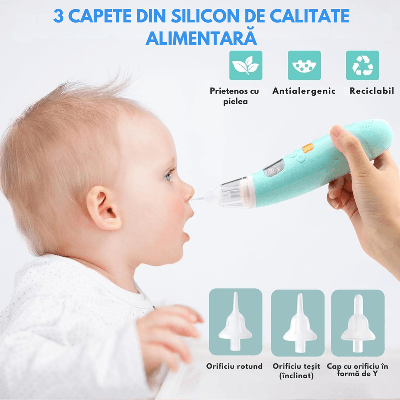 Jucarii, Copii si Bebe - Igiena si ingrijire - Accesorii ingrijire copii - Aspiratoare nazale si accesorii - Aspirator Nazal Electric Bebelusi QOVA®, Silentios ≤50dB, 3 Trepte Aspirare, 3 varfuri silicon,LED&Muzica, Portabil, USB - Infinity.ro