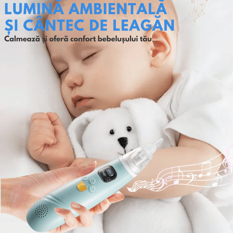 Jucarii, Copii si Bebe - Igiena si ingrijire - Accesorii ingrijire copii - Aspiratoare nazale si accesorii - Aspirator Nazal Electric Bebelusi QOVA®, Silentios ≤50dB, 3 Trepte Aspirare, 3 varfuri silicon,LED&Muzica, Portabil, USB - Infinity.ro