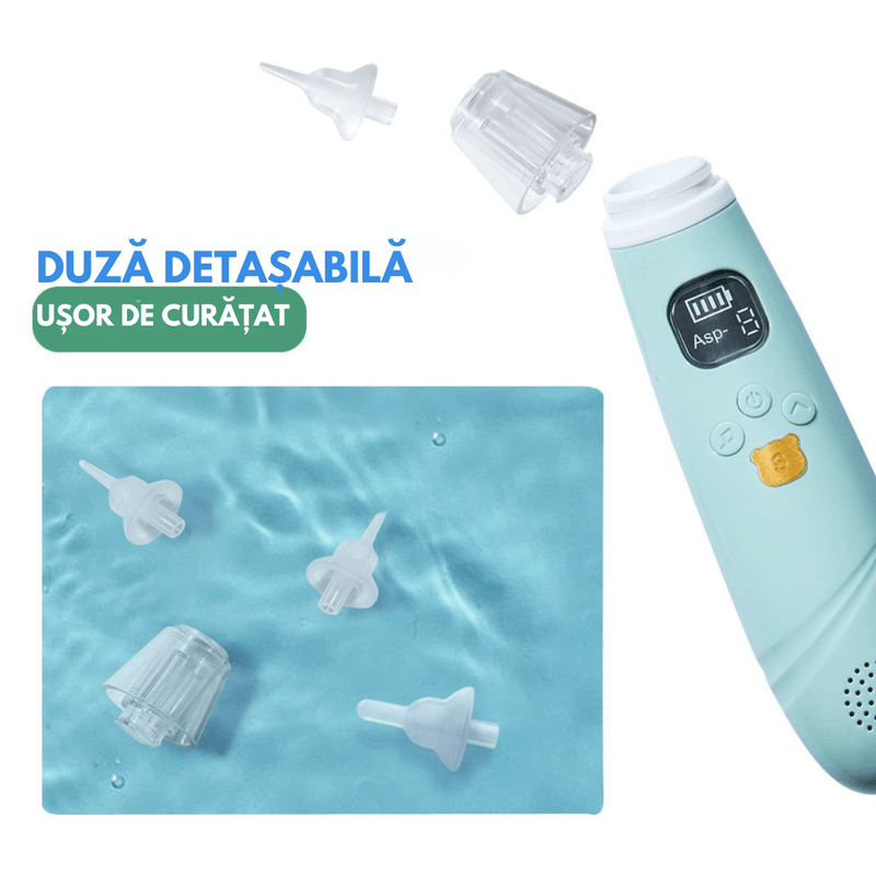 Jucarii, Copii si Bebe - Igiena si ingrijire - Accesorii ingrijire copii - Aspiratoare nazale si accesorii - Aspirator Nazal Electric Bebelusi QOVA®, Silentios ≤50dB, 3 Trepte Aspirare, 3 varfuri silicon,LED&Muzica, Portabil, USB - Infinity.ro