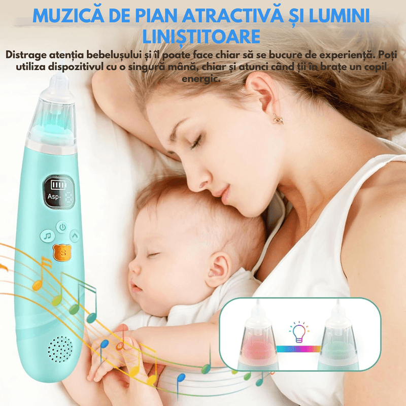 Jucarii, Copii si Bebe - Igiena si ingrijire - Accesorii ingrijire copii - Aspiratoare nazale si accesorii - Aspirator Nazal Electric Bebelusi QOVA®, Silentios ≤50dB, 3 Trepte Aspirare, 3 varfuri silicon,LED&Muzica, Portabil, USB - Infinity.ro