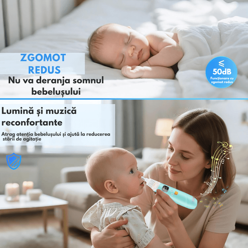 Jucarii, Copii si Bebe - Igiena si ingrijire - Accesorii ingrijire copii - Aspiratoare nazale si accesorii - Aspirator Nazal Electric Bebelusi QOVA®, Silentios ≤50dB, 3 Trepte Aspirare, 3 varfuri silicon,LED&Muzica, Portabil, USB - Infinity.ro