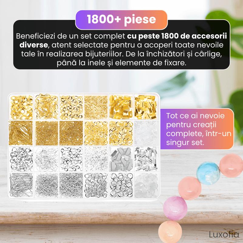 Jucarii, Copii si Bebe - Jucarii si jocuri - Jucarii & jocuri educative - Seturi de artizanat - Kit complet bijuterii DIY, Luxofia, 1830+ piese si 21 unelte, clesti, cercei, bratari, coliere, incepatori si handmade - Infinity.ro