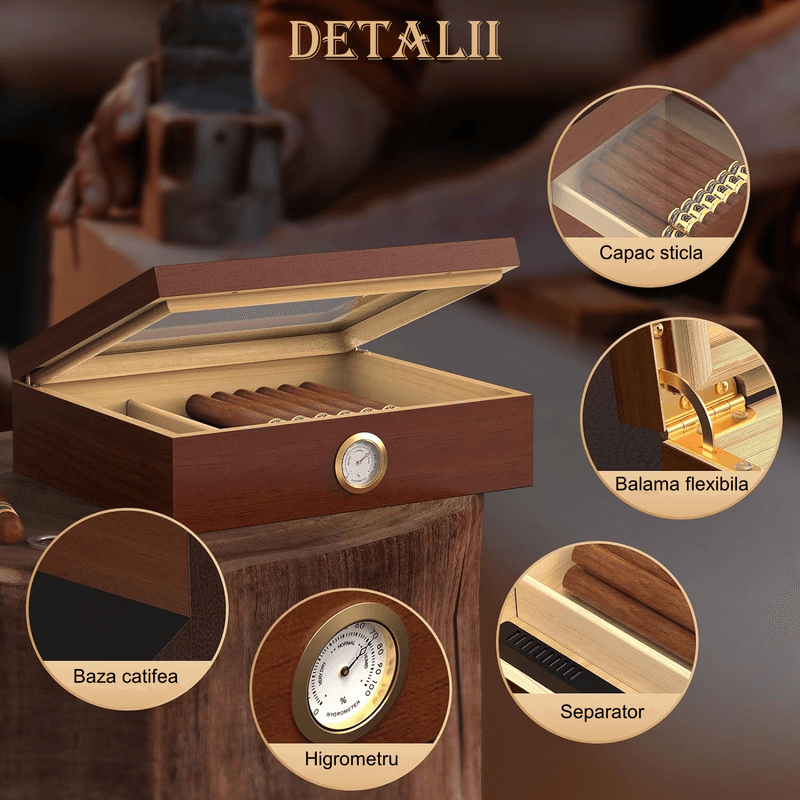 Market - Tutun si tigari - Articole si accesorii tutun - Humidor trabucuri din lemn de cedru, Luxofia, umidificator, hygrometru incluse, 25 trabucuri, 26 x 22 x 6.8 cm, Maro - Infinity.ro