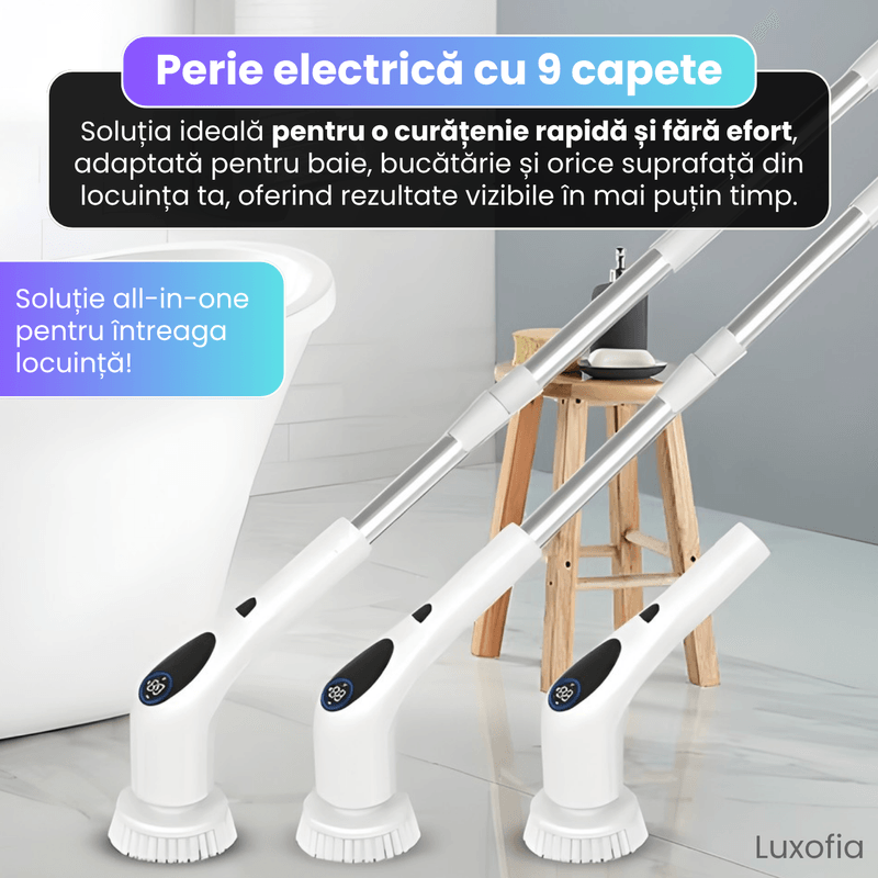 Electronice si Electrocasnice - Ingrijirea locuintei - Mopuri electrice - Perie electrica rotativa 9 in 1 pentru curatare, Luxofia, motor 380 RPM, 3 viteze, ghidare vocala, autonomie 90-120 min - Infinity.ro