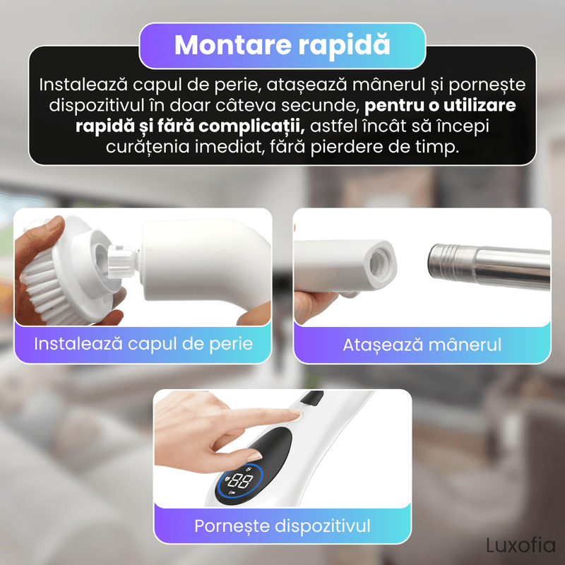 Electronice si Electrocasnice - Ingrijirea locuintei - Mopuri electrice - Perie electrica rotativa 9 in 1 pentru curatare, Luxofia, motor 380 RPM, 3 viteze, ghidare vocala, autonomie 90-120 min - Infinity.ro