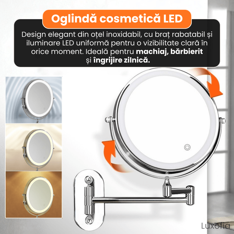 Ingrijire personala si Cosmetice - Machiaj - Oglinzi cosmetice - Oglinda cosmetica montata pe perete cu LED, Luxofia, dubla fata 1:1 si 1:10, rotire 360°, 3 tipuri de lumina, nichel mat - Infinity.ro