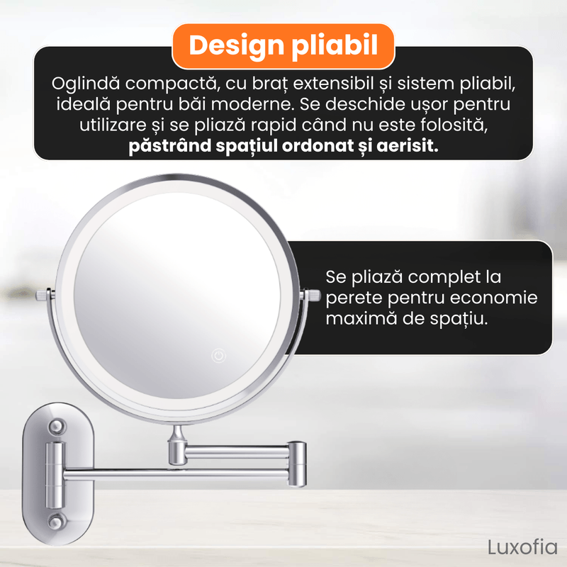 Ingrijire personala si Cosmetice - Machiaj - Oglinzi cosmetice - Oglinda cosmetica montata pe perete cu LED, Luxofia, dubla fata 1:1 si 1:10, rotire 360°, 3 tipuri de lumina, nichel mat - Infinity.ro