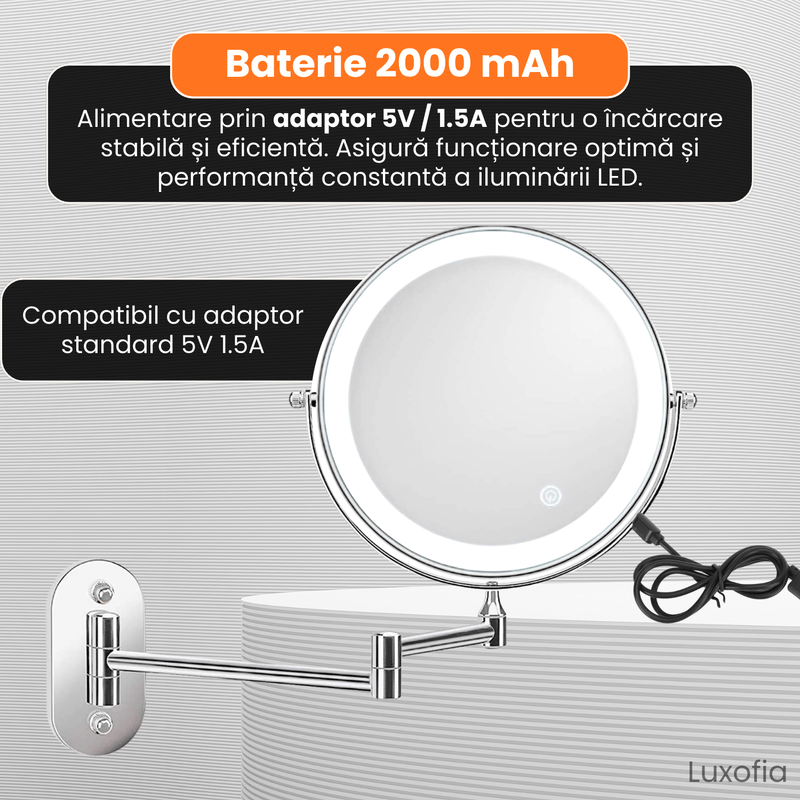 Ingrijire personala si Cosmetice - Machiaj - Oglinzi cosmetice - Oglinda cosmetica montata pe perete cu LED, Luxofia, dubla fata 1:1 si 1:10, rotire 360°, 3 tipuri de lumina, nichel mat - Infinity.ro