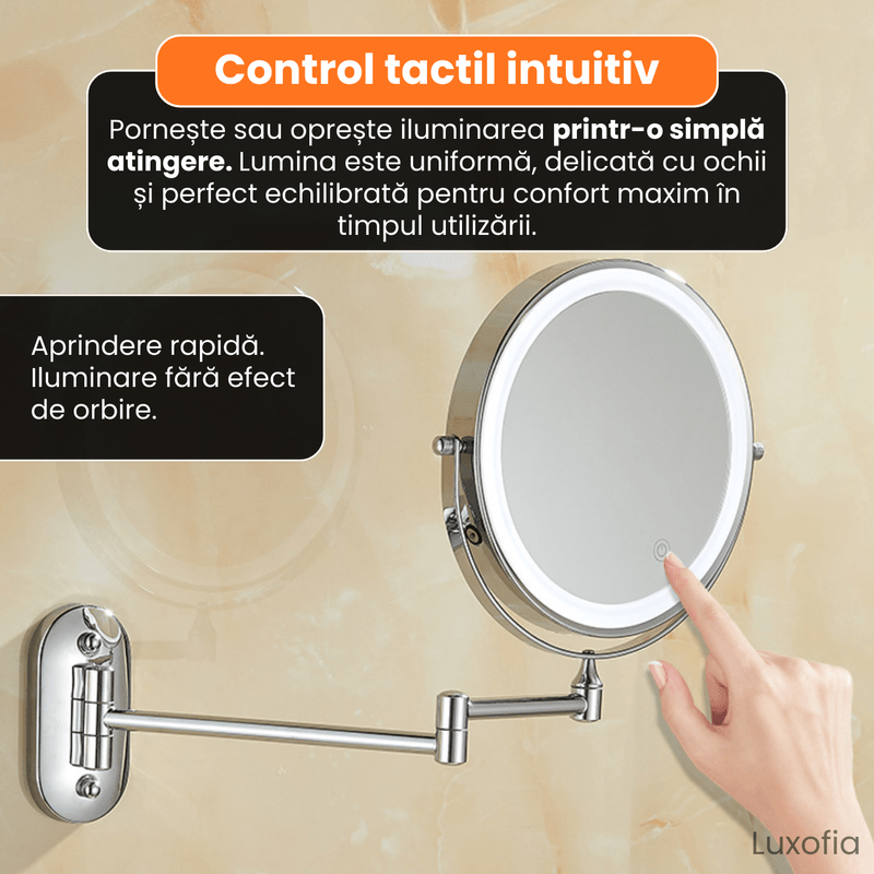 Ingrijire personala si Cosmetice - Machiaj - Oglinzi cosmetice - Oglinda cosmetica montata pe perete cu LED, Luxofia, dubla fata 1:1 si 1:10, rotire 360°, 3 tipuri de lumina, nichel mat - Infinity.ro