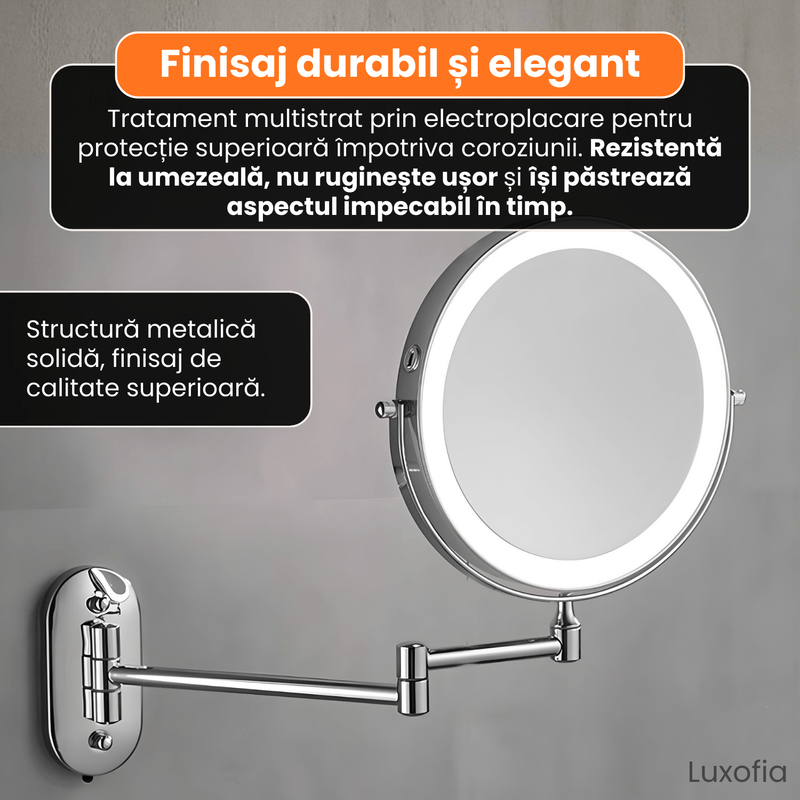 Ingrijire personala si Cosmetice - Machiaj - Oglinzi cosmetice - Oglinda cosmetica montata pe perete cu LED, Luxofia, dubla fata 1:1 si 1:10, rotire 360°, 3 tipuri de lumina, nichel mat - Infinity.ro