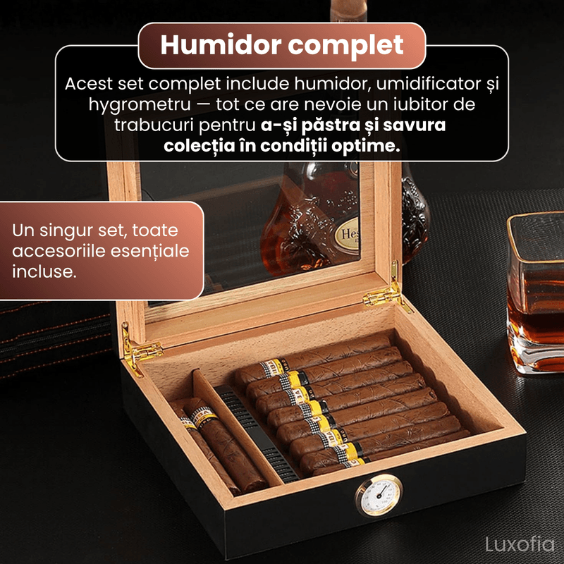 Market - Tutun si tigari - Articole si accesorii tutun - Humidor trabucuri din lemn de cedru, Luxofia, umidificator, hygrometru incluse, 25 trabucuri, 26 x 22 x 6.8 cm, Negru - Infinity.ro