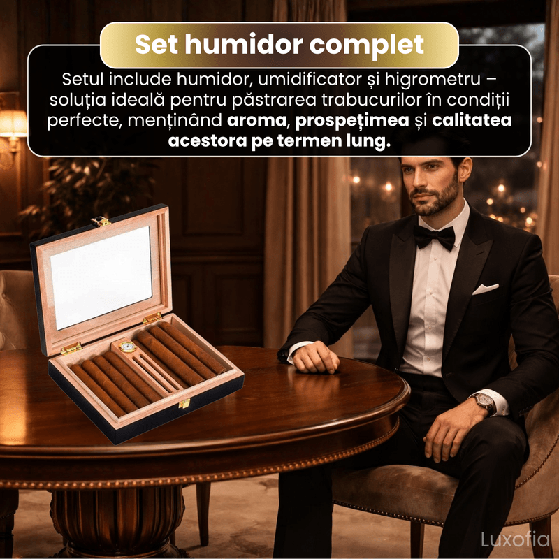Market - Tutun si tigari - Articole si accesorii tutun - Humidor trabucuri din lemn de cedru, Luxofia, interior cedru aromat, 18 trabucuri, 23.8 x 18.8 x 4.8 cm, negru - Infinity.ro