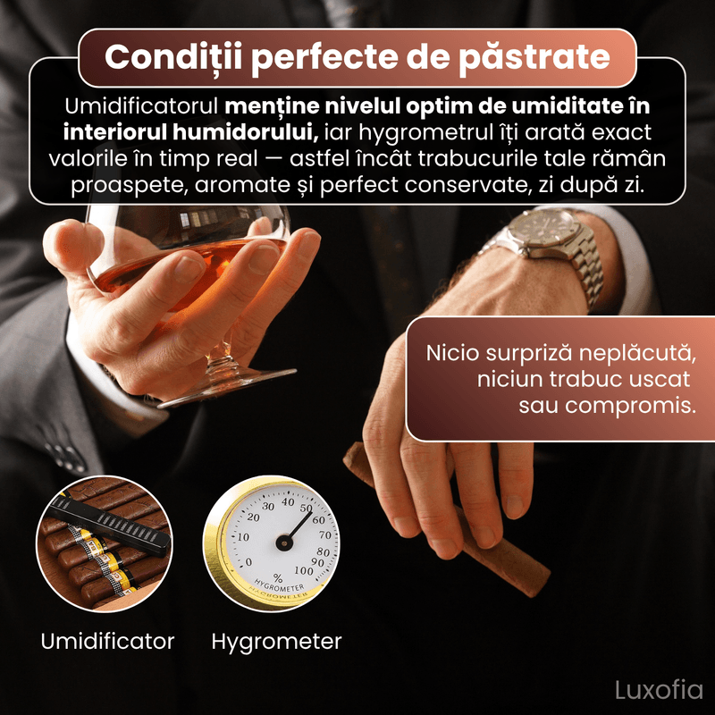 Market - Tutun si tigari - Articole si accesorii tutun - Humidor trabucuri din lemn de cedru, Luxofia, umidificator, hygrometru incluse, 25 trabucuri, 26 x 22 x 6.8 cm, Negru - Infinity.ro