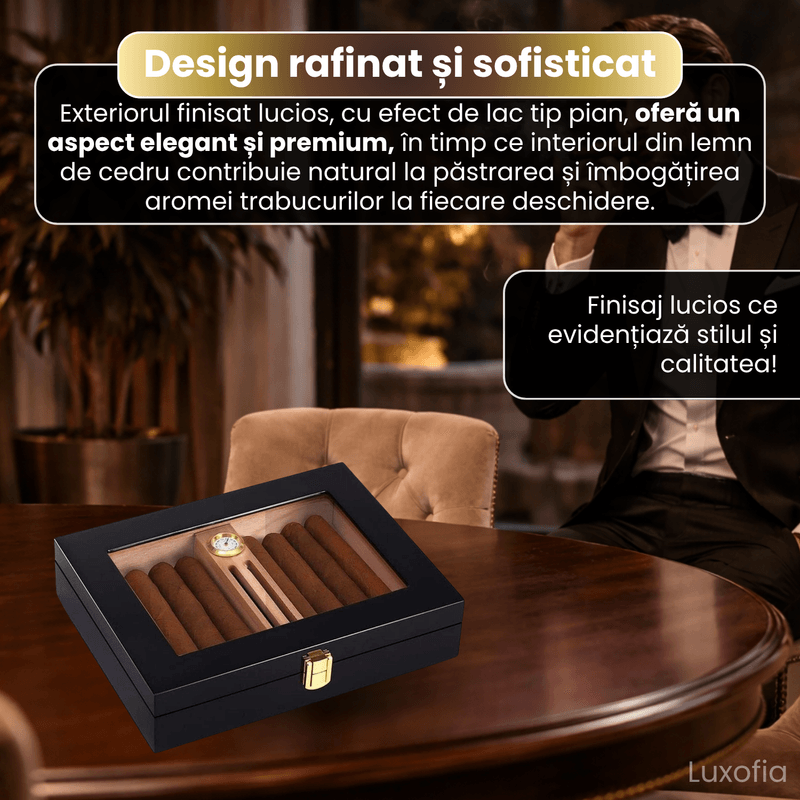 Market - Tutun si tigari - Articole si accesorii tutun - Humidor trabucuri din lemn de cedru, Luxofia, interior cedru aromat, 18 trabucuri, 23.8 x 18.8 x 4.8 cm, negru - Infinity.ro
