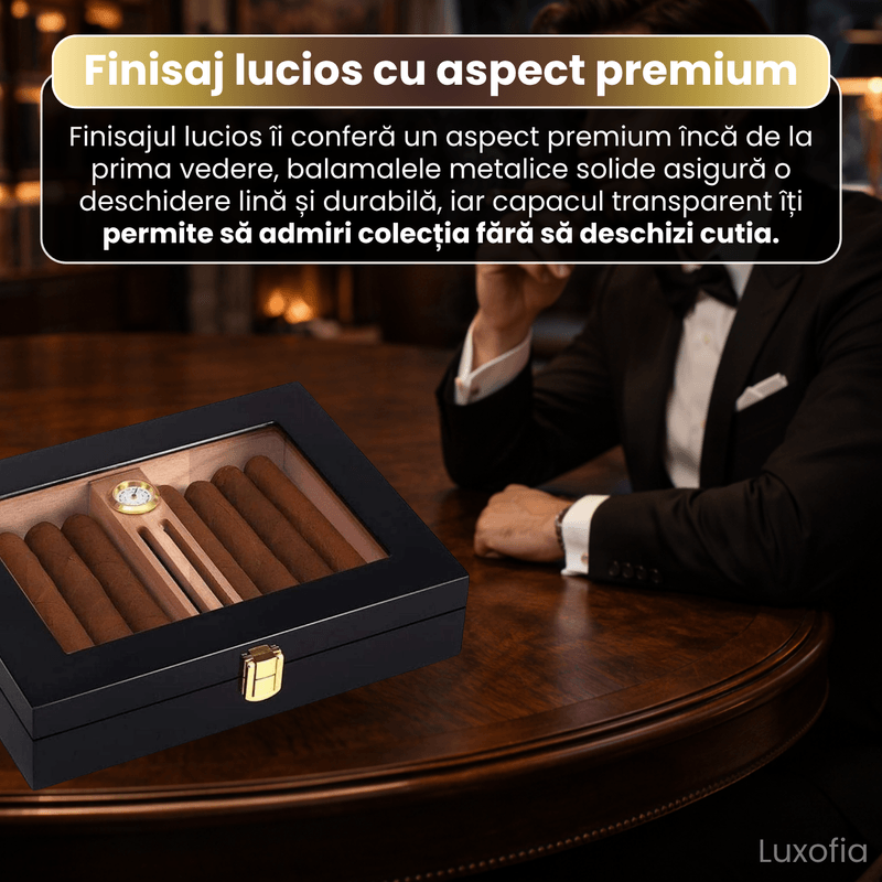 Market - Tutun si tigari - Articole si accesorii tutun - Humidor trabucuri din lemn de cedru, Luxofia, interior cedru aromat, 18 trabucuri, 23.8 x 18.8 x 4.8 cm, negru - Infinity.ro