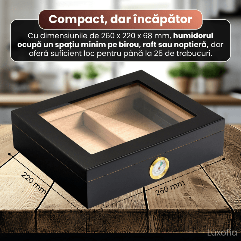 Market - Tutun si tigari - Articole si accesorii tutun - Humidor trabucuri din lemn de cedru, Luxofia, umidificator, hygrometru incluse, 25 trabucuri, 26 x 22 x 6.8 cm, Negru - Infinity.ro