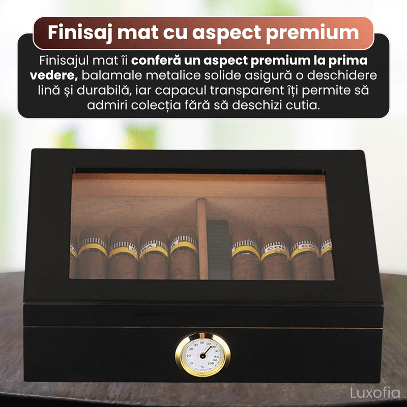 Market - Tutun si tigari - Articole si accesorii tutun - Humidor trabucuri din lemn de cedru, Luxofia, umidificator, hygrometru incluse, 25 trabucuri, 26 x 22 x 6.8 cm, Negru - Infinity.ro
