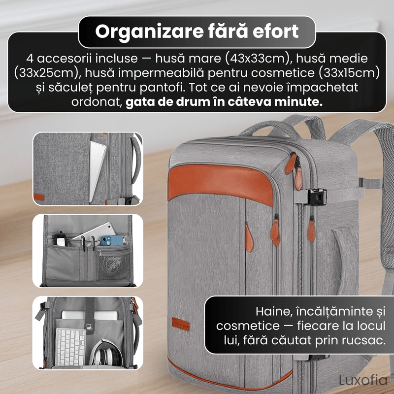 Sport si Outdoor - Articole de voiaj - Rucsacuri - Rucsac de calatorie, Luxofia, 40L, bagaj de mana aprobat pentru zbor, port USB, include 3 cuburi de ambalare, negru - Infinity.ro