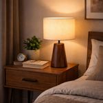 Casa si Gradina - Corpuri si surse de iluminat - Veioze si lampi - Veioze - Lampa de masa decorativa cu abajur textil si baza efect lemn, E27, 23x37 cm - Infinity.ro