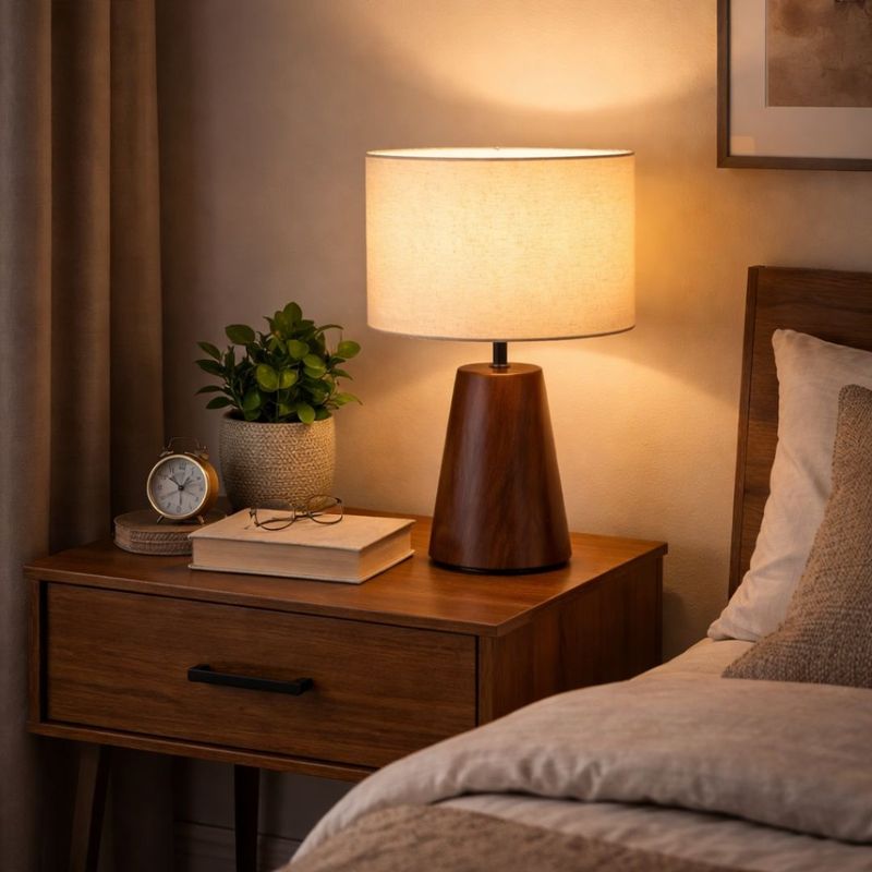 Casa si Gradina - Corpuri si surse de iluminat - Veioze si lampi - Veioze - Lampa de masa decorativa cu abajur textil si baza efect lemn, E27, 23x37 cm - Infinity.ro