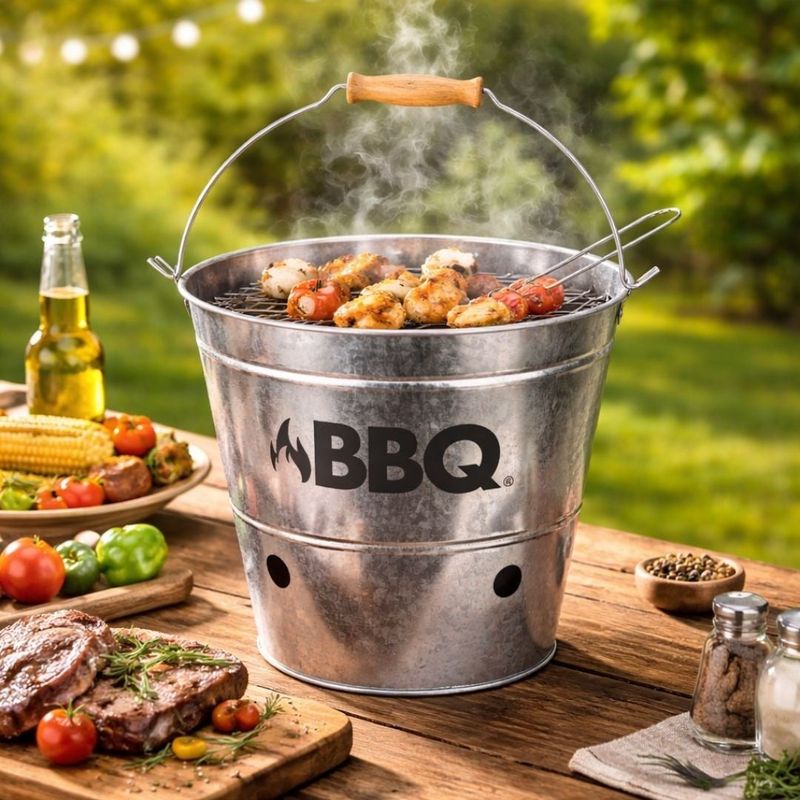 Casa si Gradina - Gradina si terasa - Gratare si accesorii - Accesorii gratare - Galeata gratar BBQ din zinc Ø26 cm, portabila, cu gratar si maner, ideala pentru camping si picnic - Infinity.ro