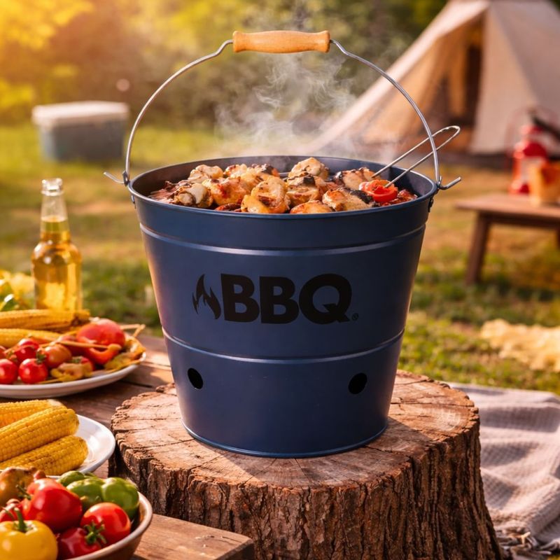 Casa si Gradina - Gradina si terasa - Gratare si accesorii - Accesorii gratare - Galeata gratar BBQ portabila Ø26 cm, metal zincat, culoare bleumarin mat, cu gratar si maner, pentru camping si picnic - Infinity.ro