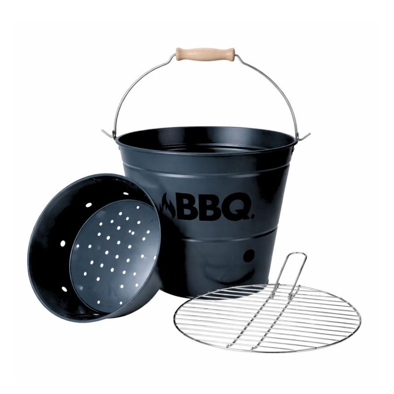 Casa si Gradina - Gradina si terasa - Gratare si accesorii - Accesorii gratare - Galeata gratar BBQ portabila Ø26 cm, metal zincat, culoare bleumarin mat, cu gratar si maner, pentru camping si picnic - Infinity.ro