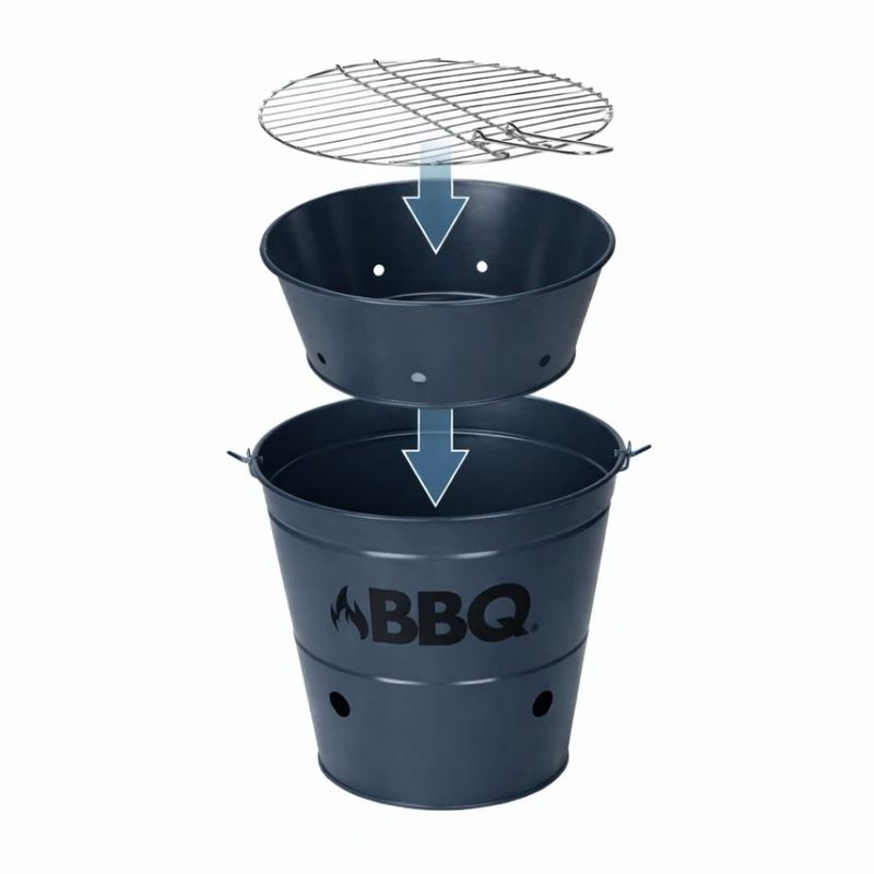 Casa si Gradina - Gradina si terasa - Gratare si accesorii - Accesorii gratare - Galeata gratar BBQ portabila Ø26 cm, metal zincat, culoare bleumarin mat, cu gratar si maner, pentru camping si picnic - Infinity.ro