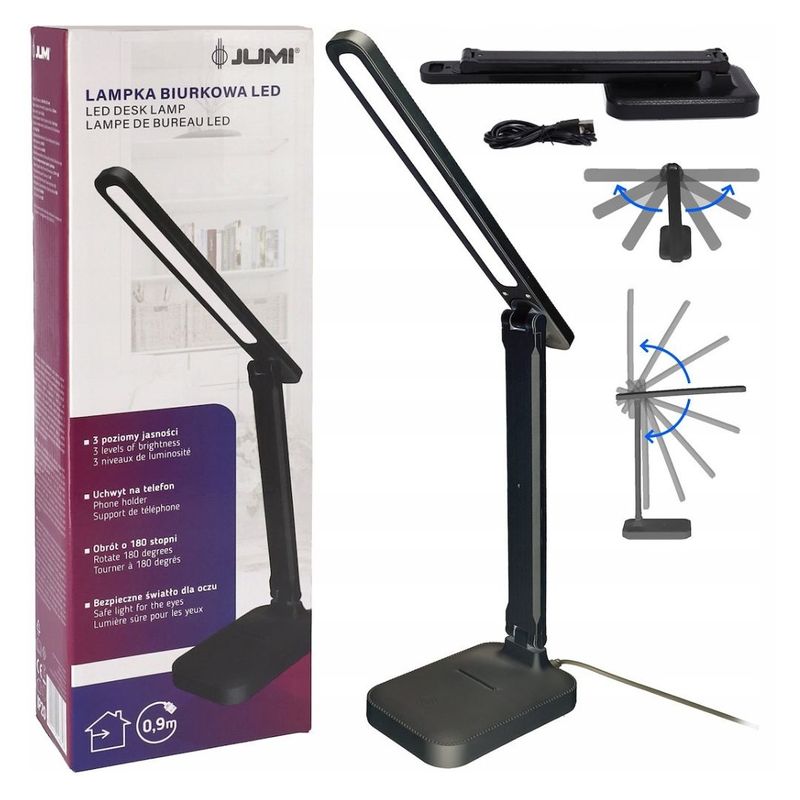 Casa si Gradina - Corpuri si surse de iluminat - Veioze si lampi - Veioze - Lampa de birou LED Jumi, cu suport pentru telefon, negru, 3 niveluri de luminozitate - Infinity.ro