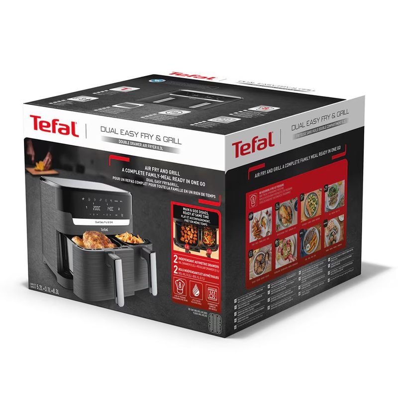 Electronice si Electrocasnice - Electrocasnice bucatarie - Aparate de gatit & desert - Friteuze - Friteuza dubla cu aer cald Tefal Dual Easy Fry & Grill air fryer EY905B10, 2700 W, capacitate 8.3 L - Infinity.ro