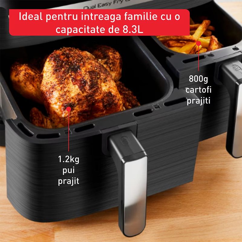 Electronice si Electrocasnice - Electrocasnice bucatarie - Aparate de gatit & desert - Friteuze - Friteuza dubla cu aer cald Tefal Dual Easy Fry & Grill air fryer EY905B10, 2700 W, capacitate 8.3 L - Infinity.ro