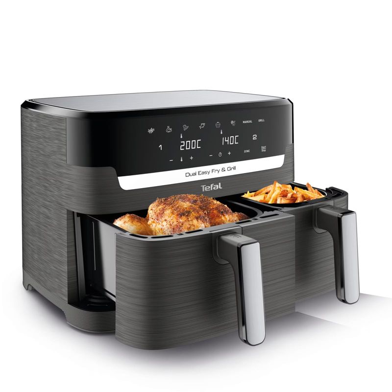 Electronice si Electrocasnice - Electrocasnice bucatarie - Aparate de gatit & desert - Friteuze - Friteuza dubla cu aer cald Tefal Dual Easy Fry & Grill air fryer EY905B10, 2700 W, capacitate 8.3 L - Infinity.ro