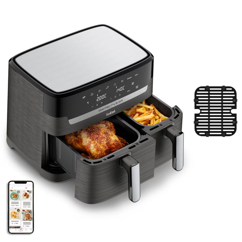 Electronice si Electrocasnice - Electrocasnice bucatarie - Aparate de gatit & desert - Friteuze - Friteuza dubla cu aer cald Tefal Dual Easy Fry & Grill air fryer EY905B10, 2700 W, capacitate 8.3 L - Infinity.ro