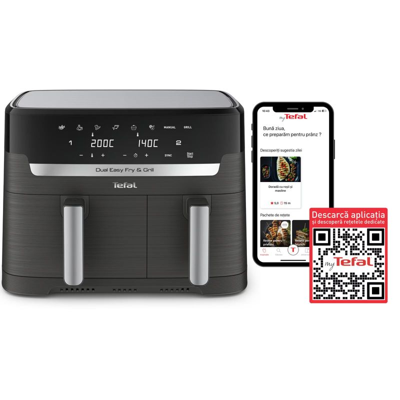Electronice si Electrocasnice - Electrocasnice bucatarie - Aparate de gatit & desert - Friteuze - Friteuza dubla cu aer cald Tefal Dual Easy Fry & Grill air fryer EY905B10, 2700 W, capacitate 8.3 L - Infinity.ro