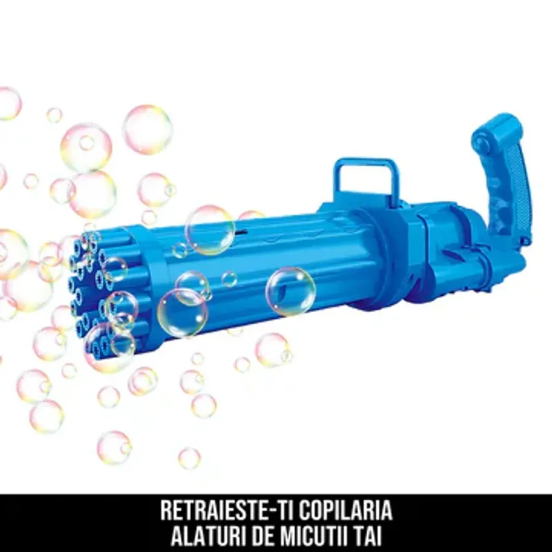 Jucarii, Copii si Bebe - Jucarii si jocuri - Jucarii de exterior - Jucarii pentru plaja si nisip - Pistol lansator balonase sapun Bubble Gun 21 tevi, albastru, pentru copii +3 ani cu Set petrecere, 36 piese - Infinity.ro
