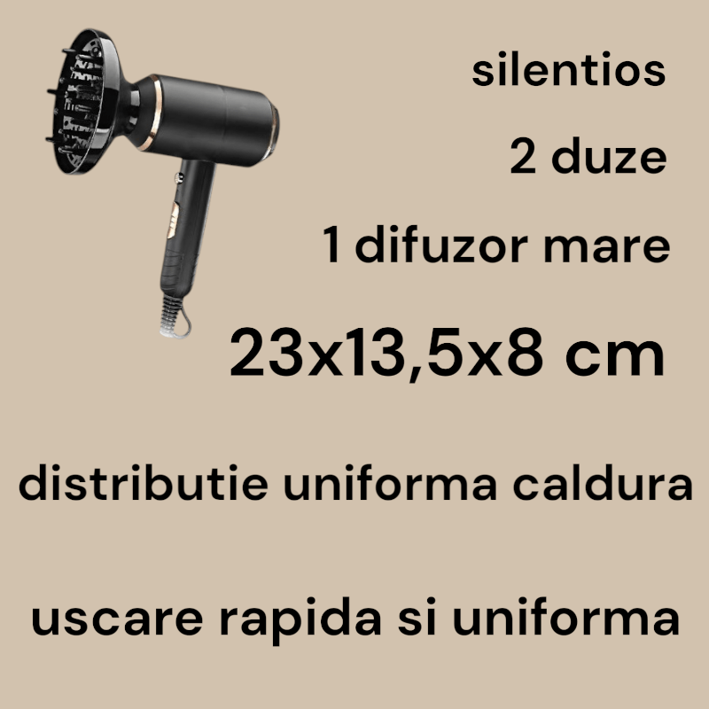 Ingrijire personala si Cosmetice - Aparate & accesorii ingrijire personala - Hair styling - Uscatoare de par - Uscator profesional, negru/aramiu, 23x13,5x8 cm, 2 duze cu 1 difuzor mare, silentios, uscare rapida si uniforma - Infinity.ro