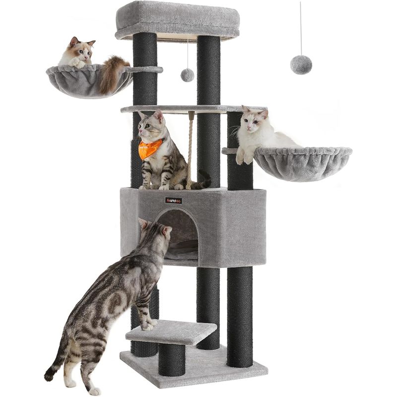 Petshop - Accesorii petshop - Culcusuri si custi - Culcusuri si saltele - Ansamblu joaca pisici 9 stalpi sisal platforme si casuta, 50x50x160 cm, talie mare, gri - Infinity.ro