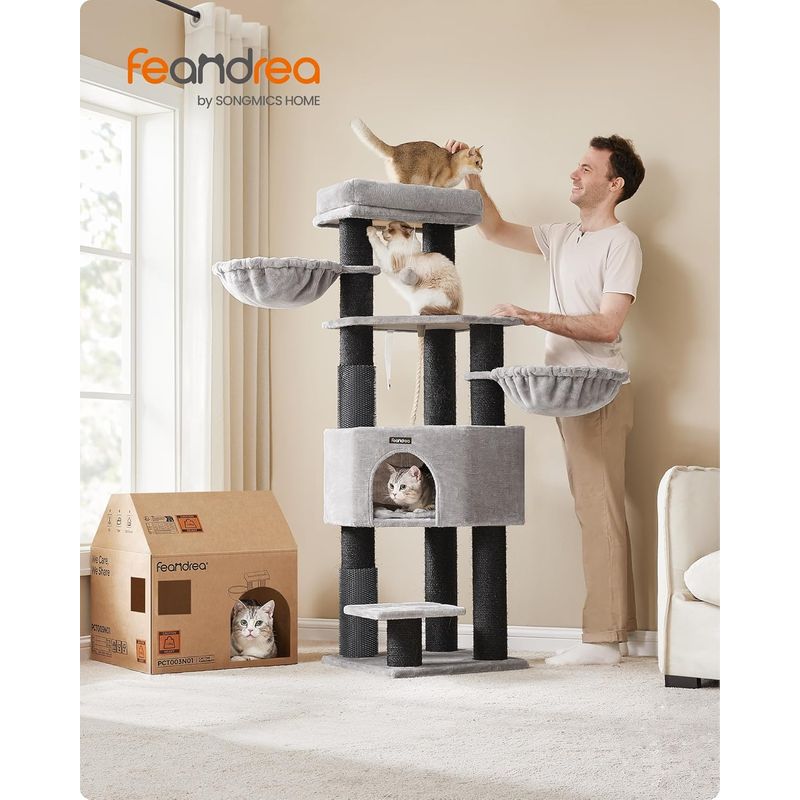 Petshop - Accesorii petshop - Culcusuri si custi - Culcusuri si saltele - Ansamblu joaca pisici 9 stalpi sisal platforme si casuta, 50x50x160 cm, talie mare, gri - Infinity.ro