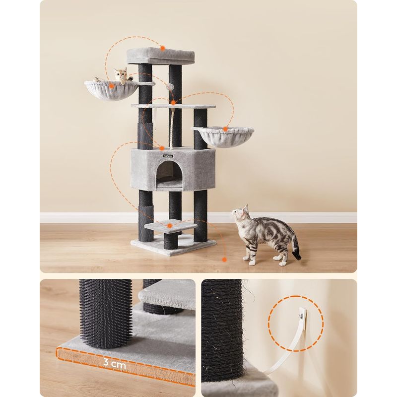 Petshop - Accesorii petshop - Culcusuri si custi - Culcusuri si saltele - Ansamblu joaca pisici 9 stalpi sisal platforme si casuta, 50x50x160 cm, talie mare, gri - Infinity.ro