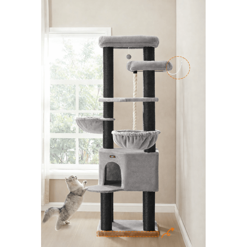 Petshop - Accesorii petshop - Jucarii animale - Ansambluri de joaca - Ansamblu joaca pisici xxl 5 niveluri stalpi sisal grosi, 55x55x187 cm, talie mare, gri - Infinity.ro