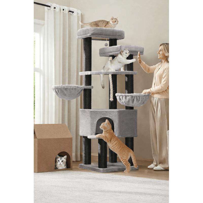Petshop - Accesorii petshop - Jucarii animale - Ansambluri de joaca - Ansamblu joaca pisici xxl 5 niveluri stalpi sisal grosi, 55x55x187 cm, talie mare, gri - Infinity.ro