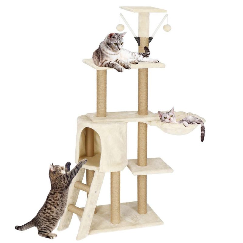 Petshop - Accesorii petshop - Jucarii animale - Ansambluri de joaca - Ansamblu joaca pisici loc zgariat ascunzatoare culcus mingi, 136 cm, stalpi sisal, crem - Infinity.ro