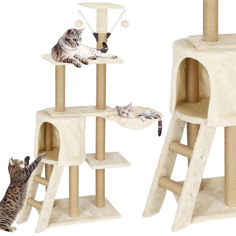 Petshop - Accesorii petshop - Jucarii animale - Ansambluri de joaca - Ansamblu joaca pisici loc zgariat ascunzatoare culcus mingi, 136 cm, stalpi sisal, crem - Infinity.ro