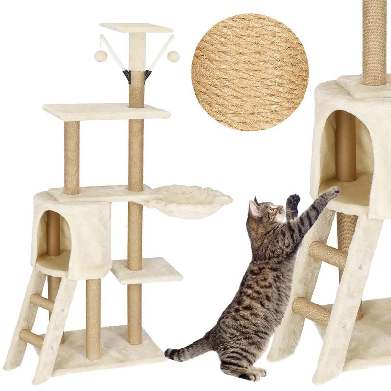 Petshop - Accesorii petshop - Jucarii animale - Ansambluri de joaca - Ansamblu joaca pisici loc zgariat ascunzatoare culcus mingi, 136 cm, stalpi sisal, crem - Infinity.ro