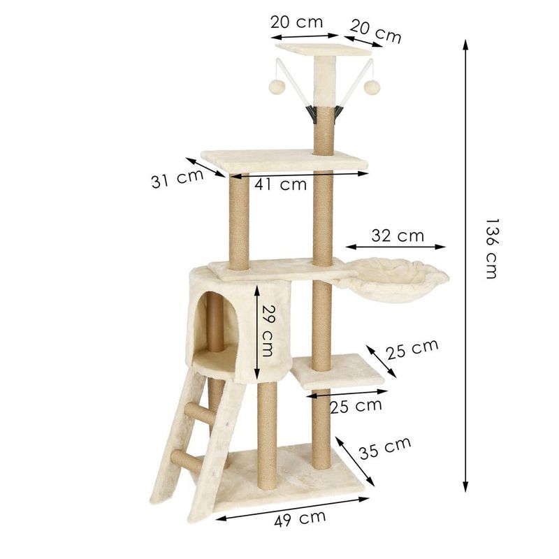 Petshop - Accesorii petshop - Jucarii animale - Ansambluri de joaca - Ansamblu joaca pisici loc zgariat ascunzatoare culcus mingi, 136 cm, stalpi sisal, crem - Infinity.ro