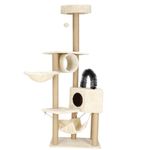 Petshop - Accesorii petshop - Jucarii animale - Ansambluri de joaca - Ansamblu joaca pisici loc zgariat ascunzatoare culcus hamac minge, 154 cm, stalpi sisal, crem - Infinity.ro