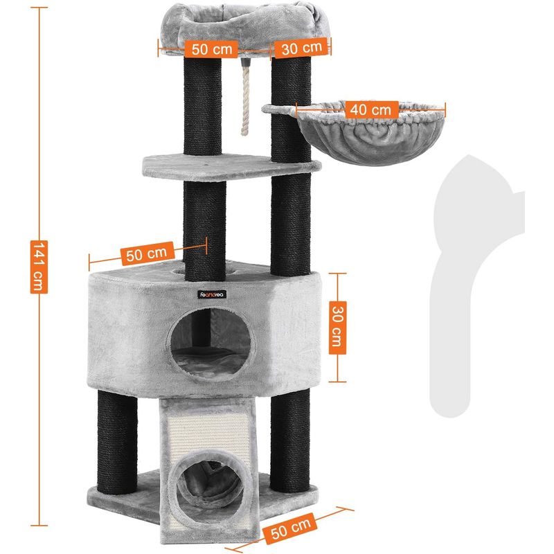 Petshop - Accesorii petshop - Jucarii animale - Ansambluri de joaca - Ansamblu joaca pisici tip copac 2 culcusuri 2 ascunzatoare, 50x50x141 cm, stalpi sisal, gri - Infinity.ro