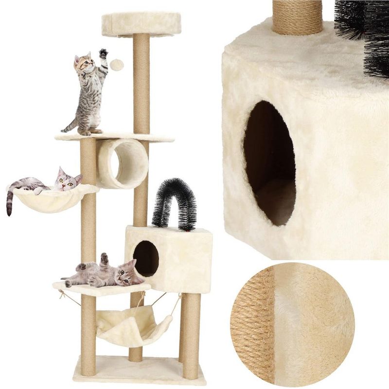 Petshop - Accesorii petshop - Jucarii animale - Ansambluri de joaca - Ansamblu joaca pisici loc zgariat ascunzatoare culcus hamac minge, 154 cm, stalpi sisal, crem - Infinity.ro