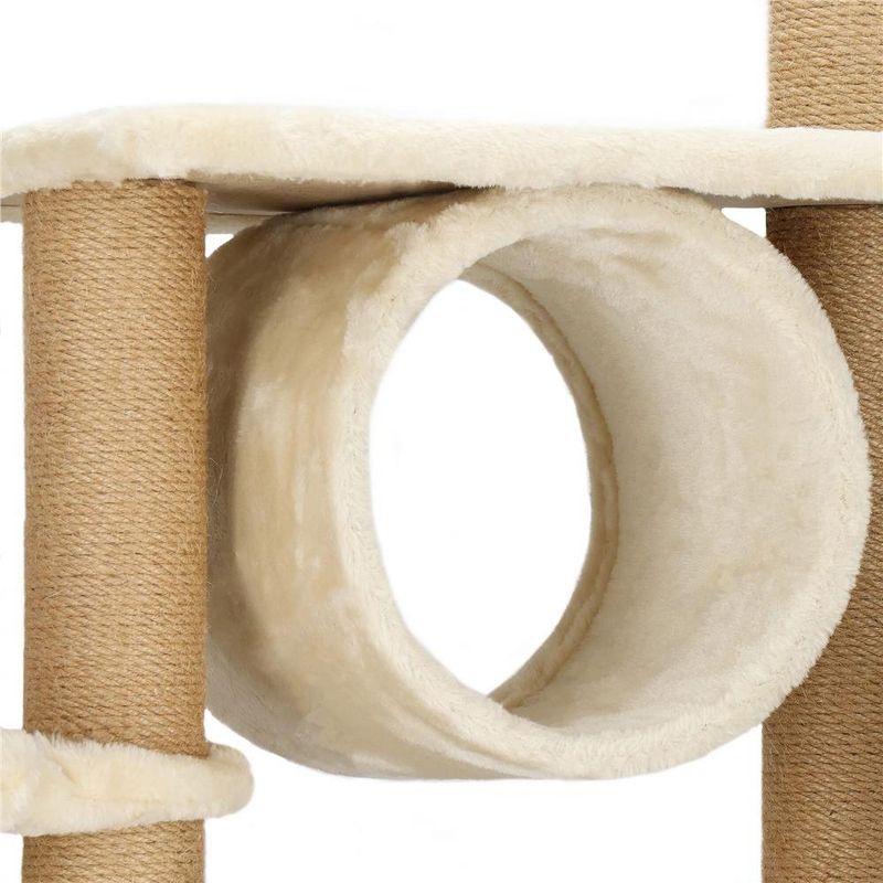 Petshop - Accesorii petshop - Jucarii animale - Ansambluri de joaca - Ansamblu joaca pisici loc zgariat ascunzatoare culcus hamac minge, 154 cm, stalpi sisal, crem - Infinity.ro