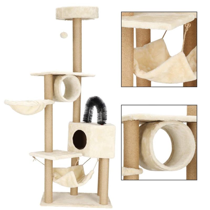 Petshop - Accesorii petshop - Jucarii animale - Ansambluri de joaca - Ansamblu joaca pisici loc zgariat ascunzatoare culcus hamac minge, 154 cm, stalpi sisal, crem - Infinity.ro